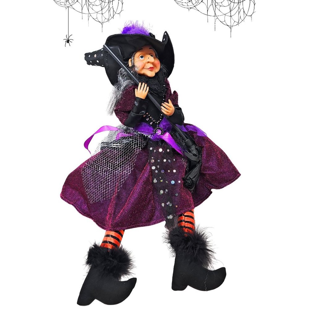 24" Halloween Witch with Purple Dress and Polka Dot Hat, Party Decor Wreath Cent